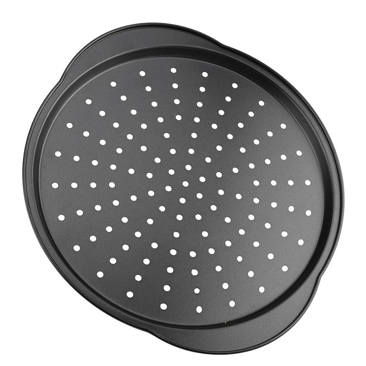 Kerek pizzasütő tepsi, fogantyúkkal és perforációkkal az egyenletes sütéshez, tapadásmentes bevonattal, 36 cm, fekete/szürke