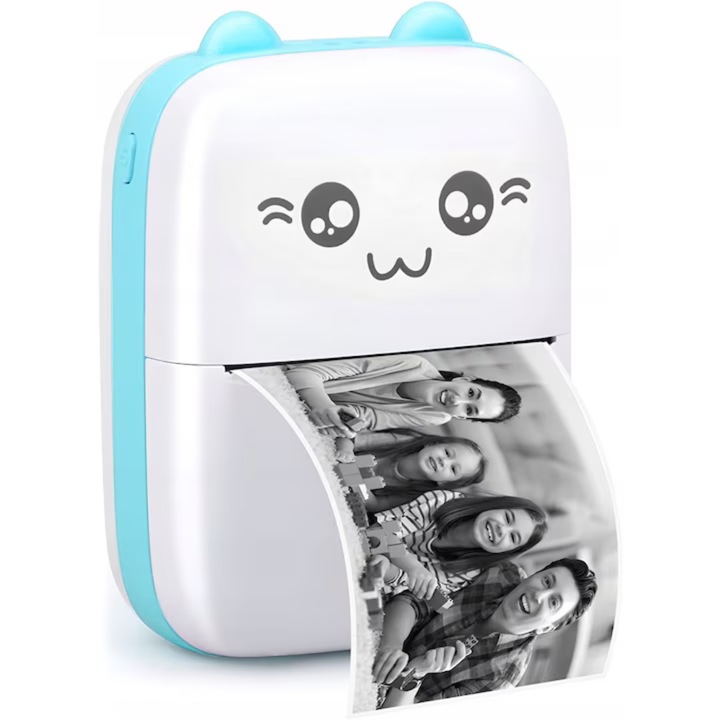 Mini imprimanta termica VarioShop®, Bluetooth, Compatibil iOS/Android, Imprimare APP, 1200 mAh, rola termica inclusa, model pisicuta cu urechiuse albastre, 11 x 8 x 4 cm Alb/albastru