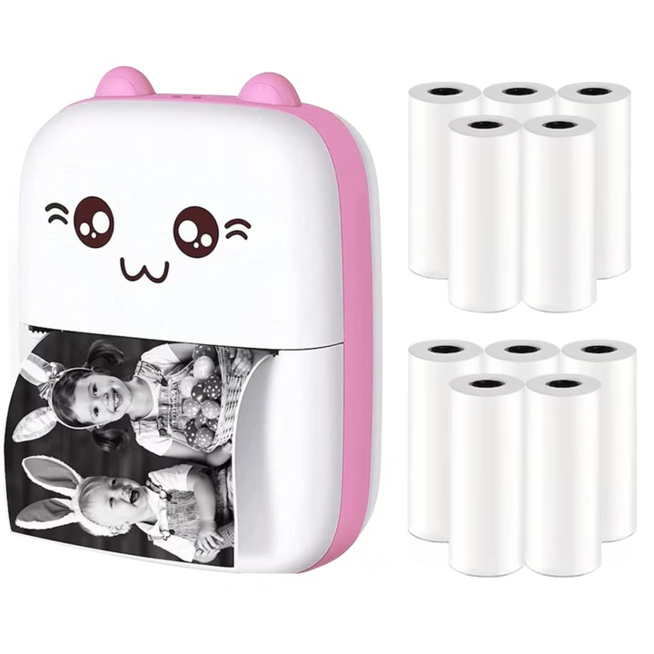 Set mini imprimanta termica si 10 role VarioShop®, Bluetooth, Compatibil iOS/Android, Imprimare APP, 1200 mAh, rola termica inclusa, model pisicuta cu urechiuse roze, 11 x 8 x 4 cm, Roz
