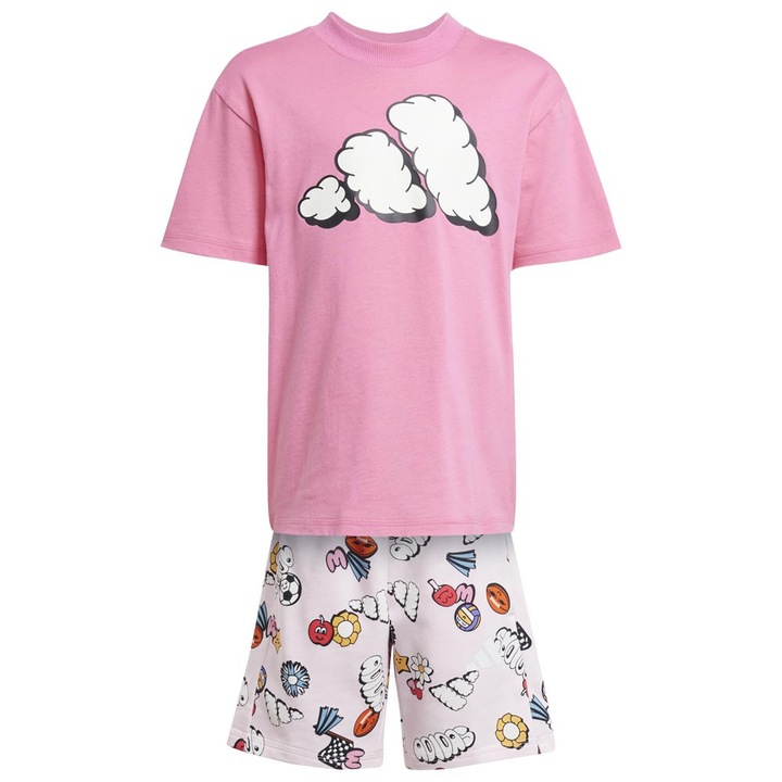 Set pentru copii adidas Seasonal Essentials Fun, tricou roz din bumbac, pantaloni scurti cu talie elastica, bumbac si poliester reciclat, 122 CM