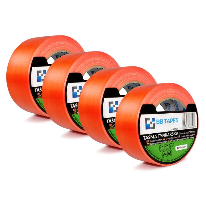 Set 4 benzi adezive pentru tencuiala portocalie 48mm x 50m, BB TAPES, rezistenta la temperaturi variate
