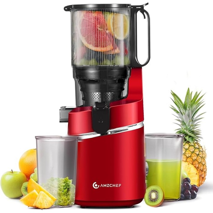 Storcator automat All-In-One AMZCHEF 250 W, cu deschidere de 145 mm si recipient de 1, 8 L pentru fructe si legume, cu filtru triplu – Rosu inchis