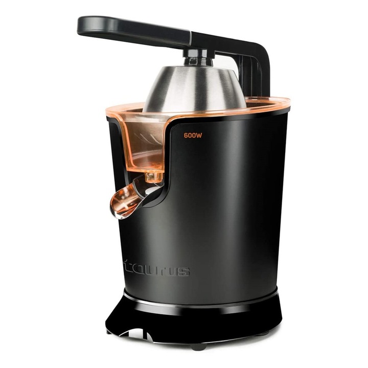 Storcator Citrice Profesional Taurus Easy Press 600, Putere 600W, Motor AC, Stoarcere Continua cu Brat de Presare, 2 Conuri si 2 Site Interchangeabile, Sistem Anti-Picurare, Corp din Inox, Design Negru Elegant