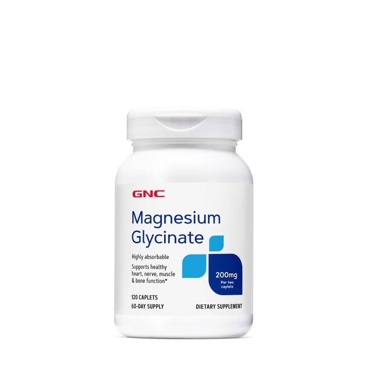 GNC Magnesium Glycinate 200 mg, 120 cps, magneziu, suport pentru sistemul nervos și relaxare musculară