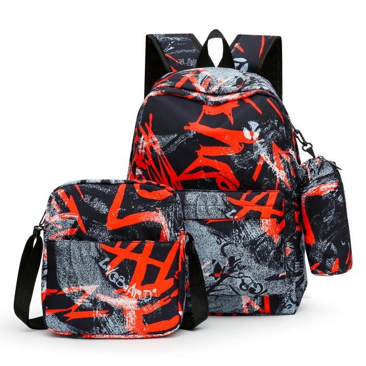 Ghiozdan pentru elevi, set trei piese (ghiozdan scolar + geanta de pranz + penar), rosu, 29x13x43cm, Bag-68