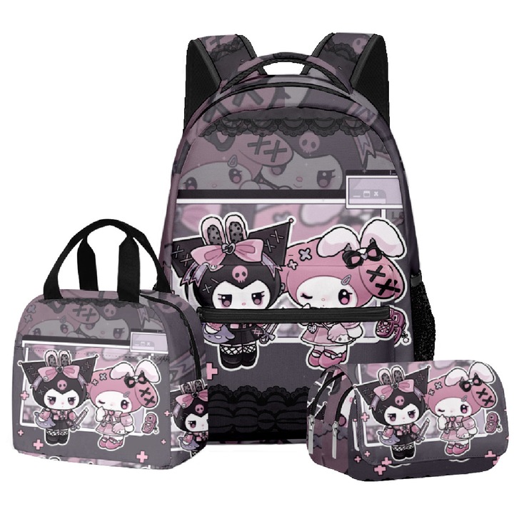 Ghiozdan pentru elevi Kuromi, set din trei piese (ghiozdan scolar + geanta de pranz + penar), multicolor, 30x17x40cm, Bag-63