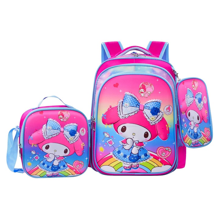 Ghiozdan scolar pentru elevi, set din trei piese (ghiozdan + geanta de pranz + penar), 42x21x30cm, multicolor, Bag-52