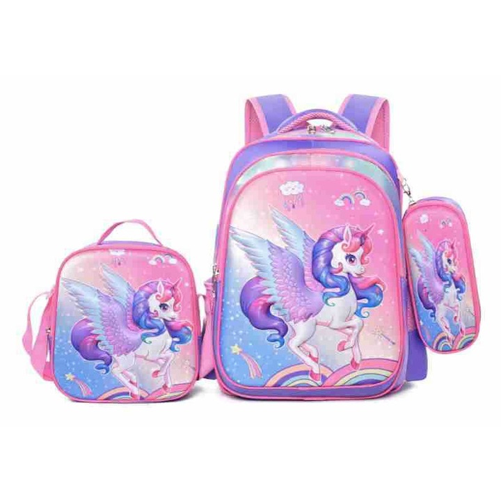 Ghiozdan scolar pentru elevi, set din trei piese (ghiozdan + geanta de pranz + penar), 42x21x30cm, multicolor, Bag-39