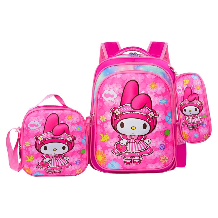 Ghiozdan pentru elevi, set din trei piese (ghiozdan scolar + geanta de pranz + penar), 42x21x30cm, multicolor, Bag-53