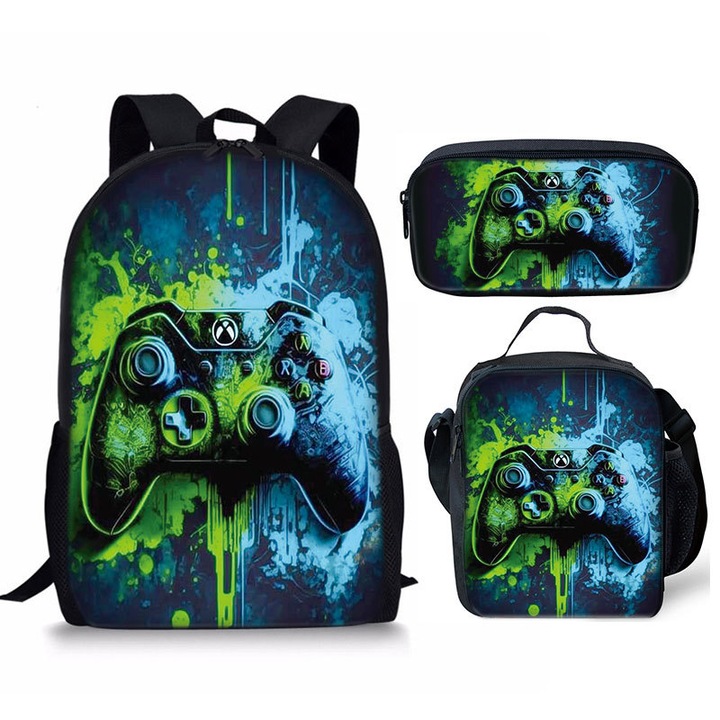 Ghiozdan pentru elevi, set din trei piese (ghiozdan scolar + geanta de pranz + penar), multicolor, 44x28x13cm, Bag-05