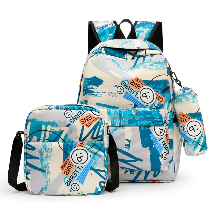 Ghiozdan scolar pentru elevi, set din trei piese (ghiozdan + geanta de pranz + penar), cyan, 29x13x43cm, Bag-73