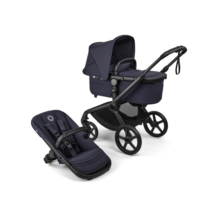 Carucior Bugaboo Fox 5 Renew Black Deep Indigo 2 in 1, 0 - 22 kg, pliabil, Negru/Albastru