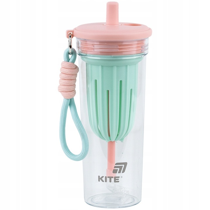 Sticla de apa Kite, 650 ml, cu pai, sita pentru gheata/fructe, capac etans, tritan fara BPA, cu maner textil