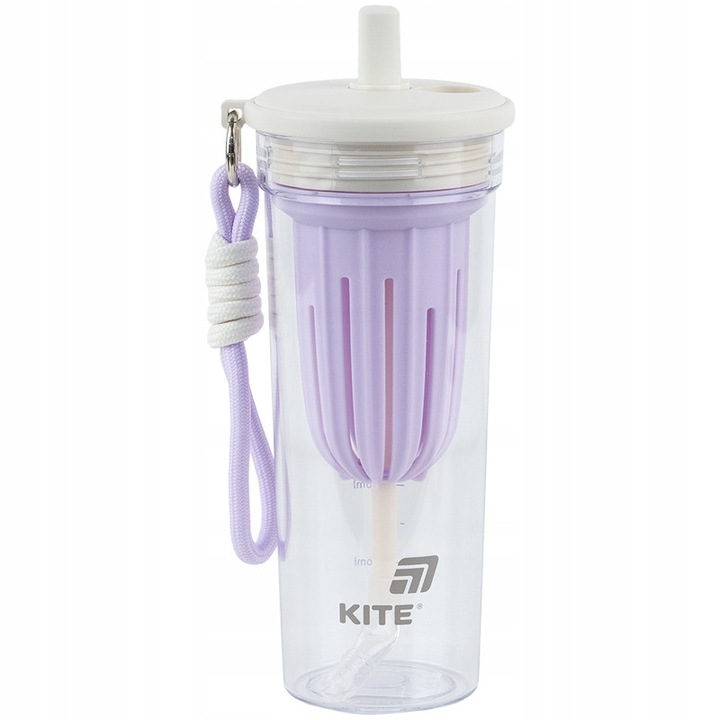 Sticla de apa Kite alb violet deschis, 650 ml, cu pai, sita pentru gheata/fructe, capac etans, tritan fara BPA, cu maner textil