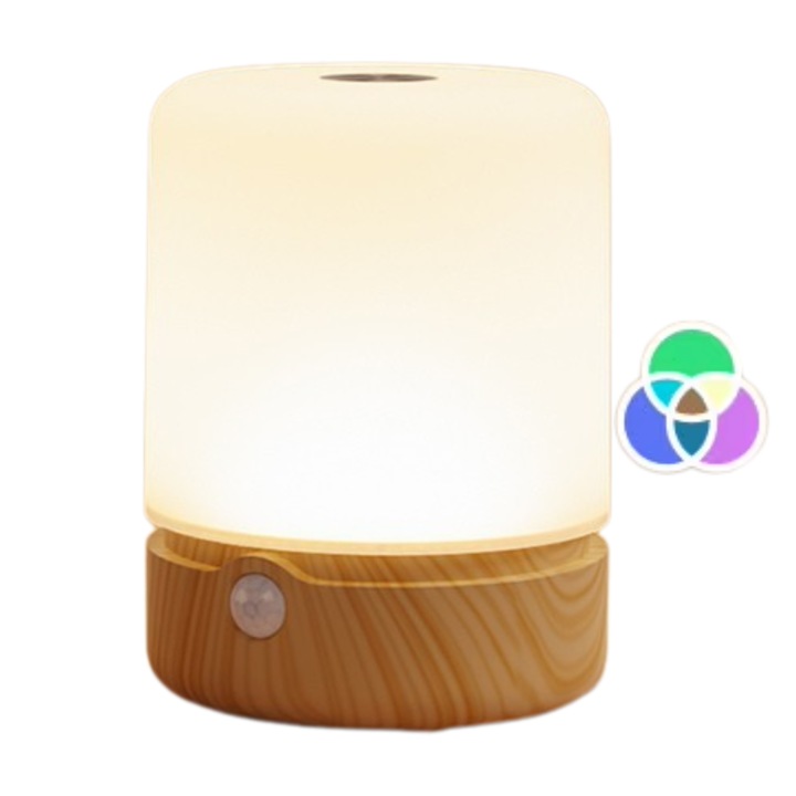 Lampa LED portabila, cu baterie integrata, senzor miscare, senzor lumina, RGB, USB-C, culoare lemn/alb