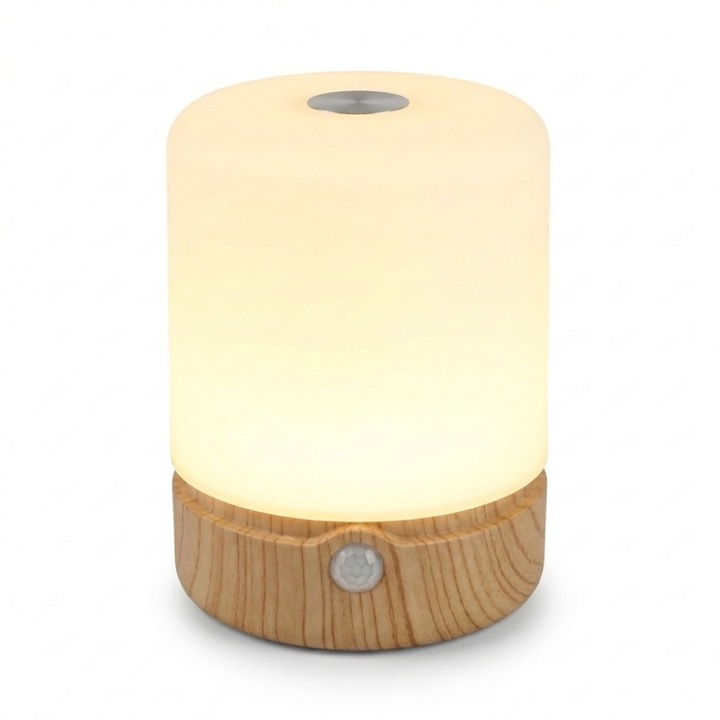 Lampa LED portabila, cu baterie integrata, senzor miscare, senzor lumina, RGB, USB-C, culoare lemn/alb
