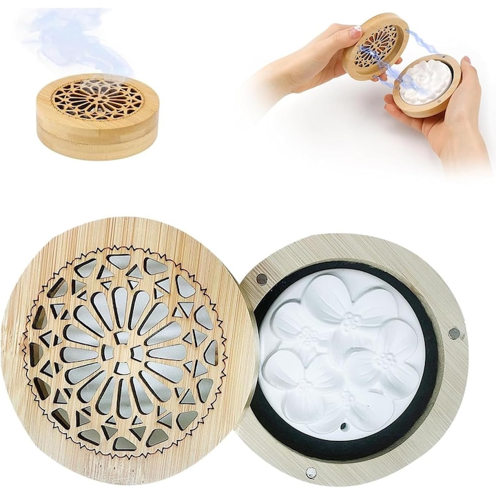 Difuzor aromaterapie, carcasa lemn, piatra pentru uleiuri esentiale, parfumuri, esente, model floare, inchidere magnetica, pentru acasa, birou, masina, 9 cm diametru, alb