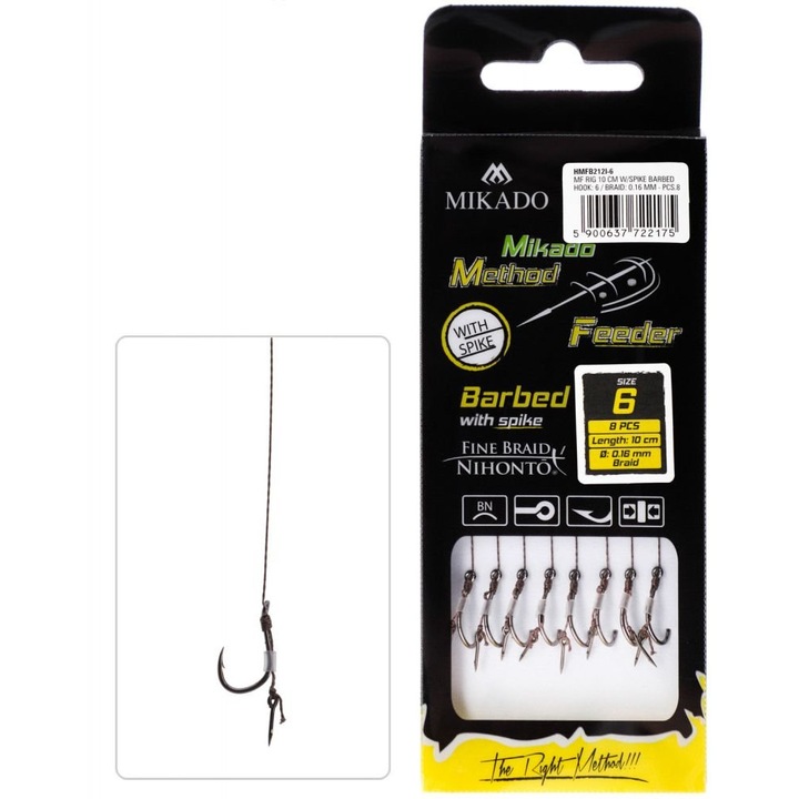 Set 8 carlige pescuit Method Feeder, Mikado, plecionka 0.16mm/10cm, cu igle pentru montaj rapid, nr 4