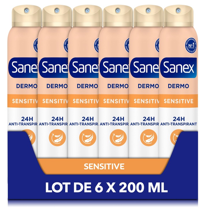 Sanex Dermo Sensitive izzadásgátló dezodor – 24 órás védelem az izzadás és a kellemetlen szagok ellen – érzékeny bőrre – visszaállítja a természetes pH-értéket – bőrgyógyászatilag tesztelt – 6 x 200 ml