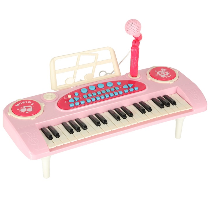 Orga Electrica pentru Copii cu Microfon, Volum Reglabil, Multiple Sunete placute si Culori Vii, 37 de clape, 48, 2 x 20 x 8, 3 cm, ROZ