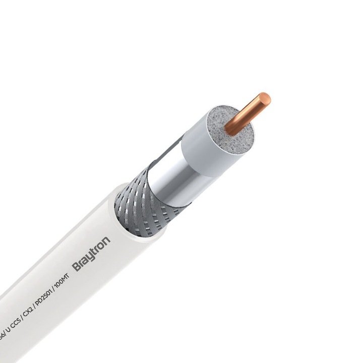 Cablu coaxial RG6, Braytron, 100m, alb, utilizare interior