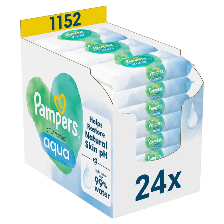 Комплект мокри кърпички Pampers Harmonie Aqua Wipes, 24 опаковки по 48 броя, с 99% вода