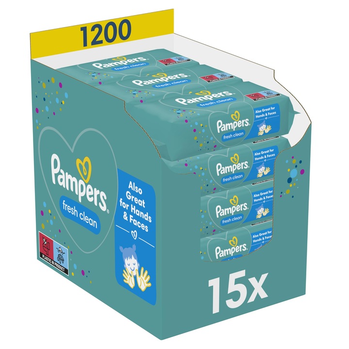 Servetele Umede Pampers Fresh Clean, set 15 pachete a cate 80, parfum usor, 1200 servetele