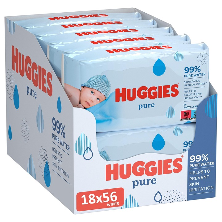 Servetele Umede Huggies Pure Baby, set 18 pachete, 99% apă pură, fără parfum