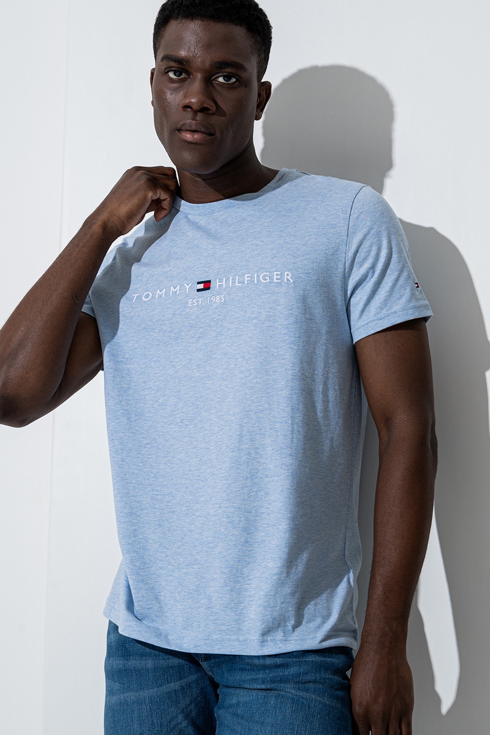 Tommy Hilfiger, Tricou slim fit din bumbac cu broderie, Albastru melange, S