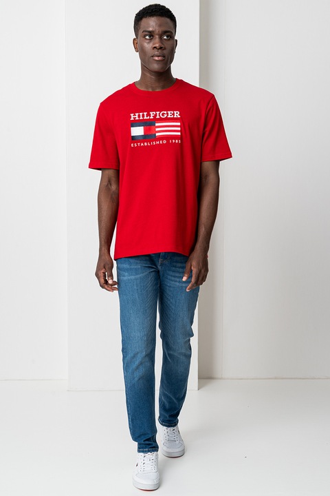 Tommy Hilfiger, Тениска с лого, Червен/Избеляло черно/Бял