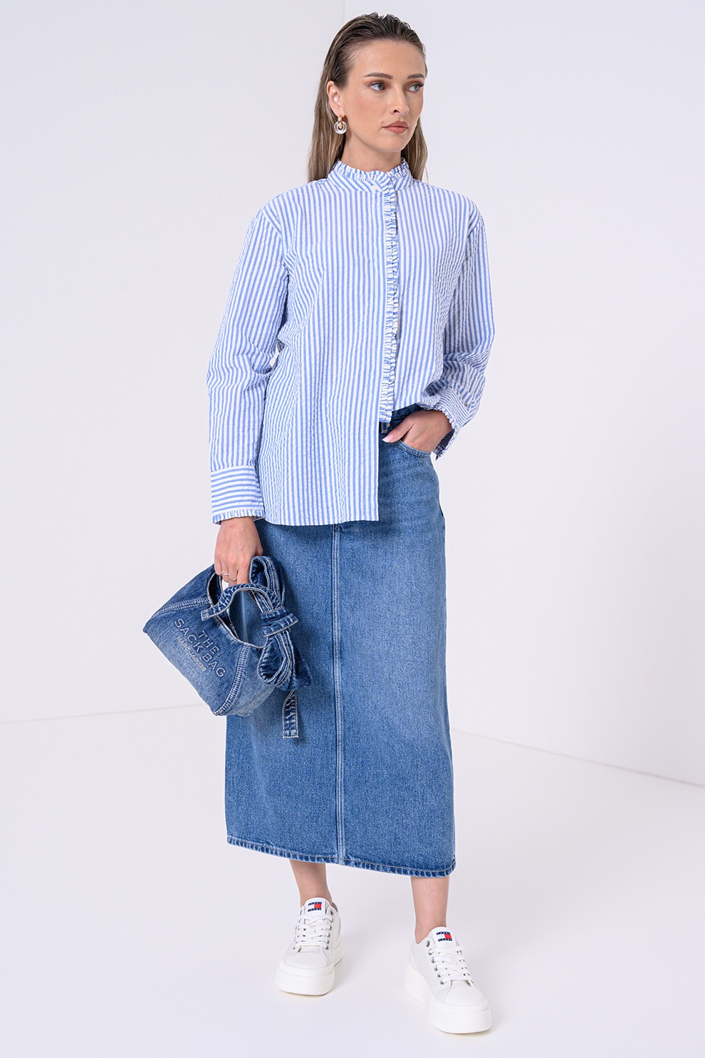 Tommy Hilfiger, Camasa in dungi din bumbac organic, Alb, Albastru lavanda, 36