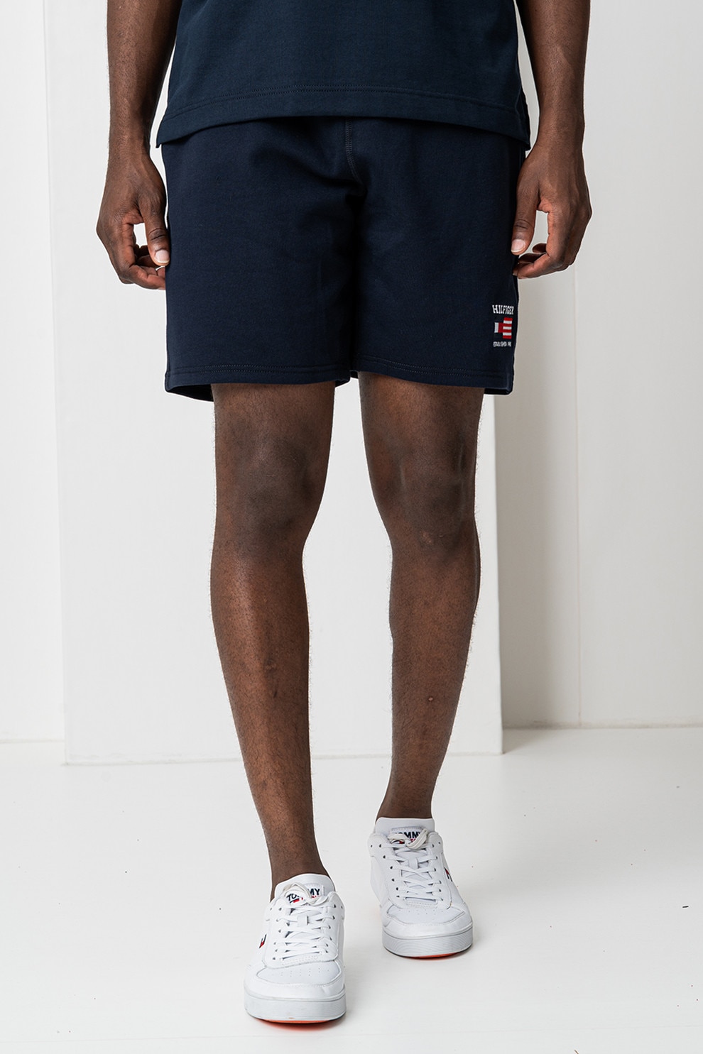 Tommy Hilfiger, Pantalomi scurti cu snur in talie si logo, Bleumarin, M