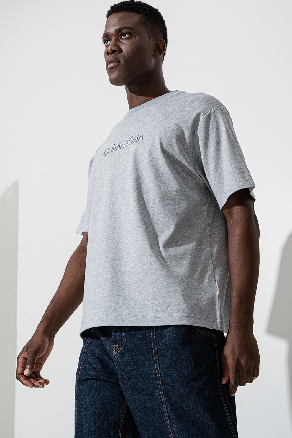 CALVIN KLEIN, Tricou cu maneci cazute si decolteu la baza gatului, Gri deschis melange, 2XL