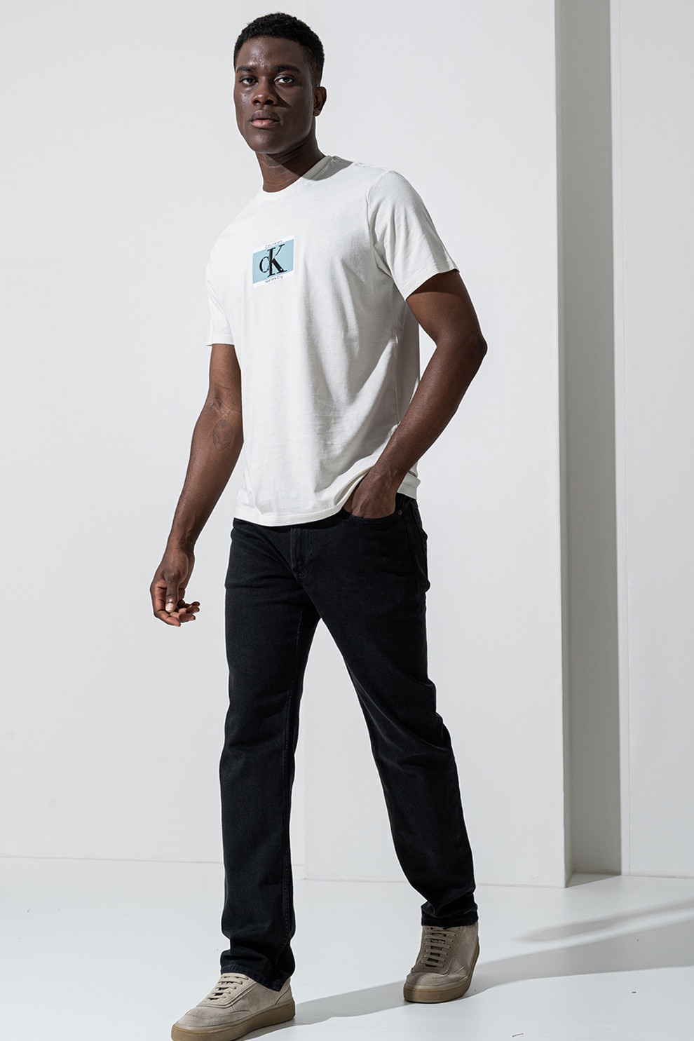 CALVIN KLEIN, Tricou cu imprimeu si decolteu la baza gatului, Alb optic, Albastru petrol, Bej deschis, XL
