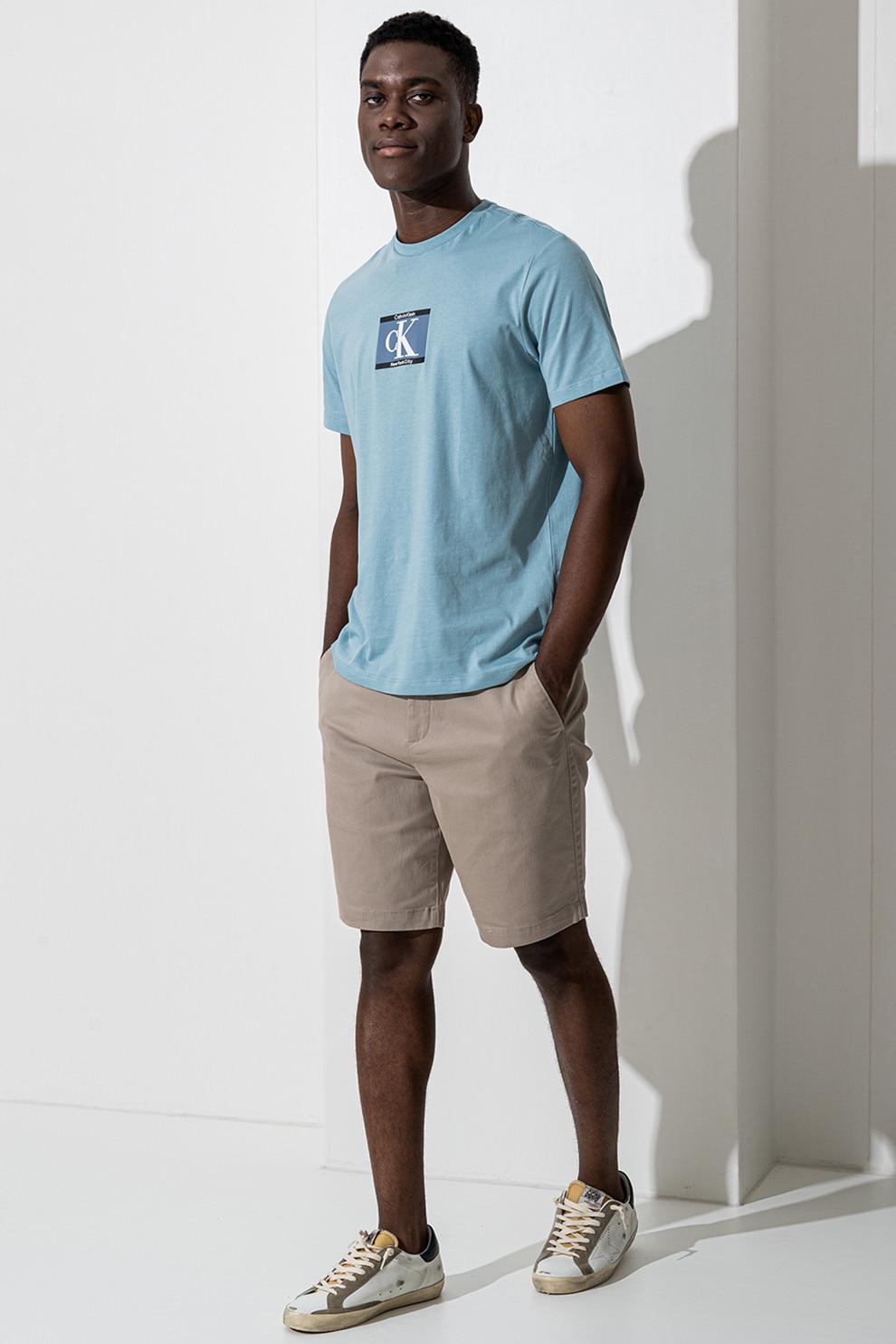 CALVIN KLEIN, Tricou cu imprimeu si decolteu la baza gatului, Albastru pastel, XL