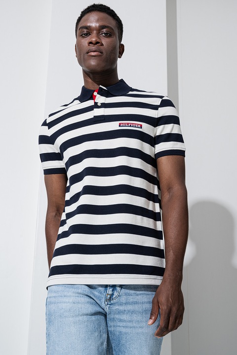 Tommy Hilfiger, Tricou polo cu dungi, Crem/Bleumarin