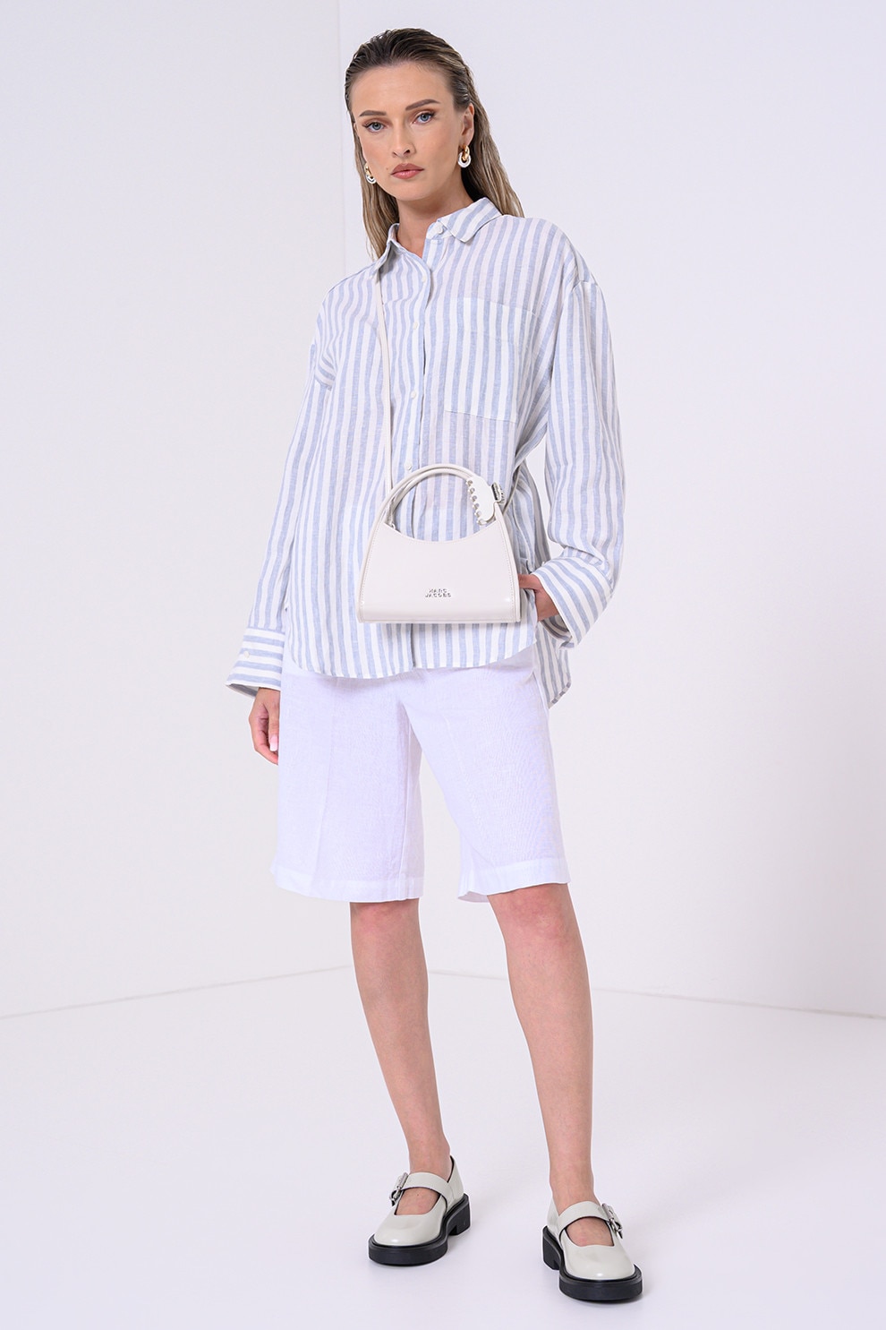 Tommy Hilfiger, Camasa supradimensionata de in, Alb, Albastru prafuit, 36