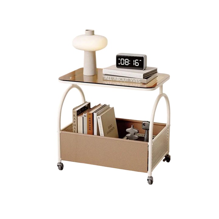 Преносима масичка с отделение за съхранение, awwaline, бяла метална рамка, стъклен плот, 55 x 36 x 53 см