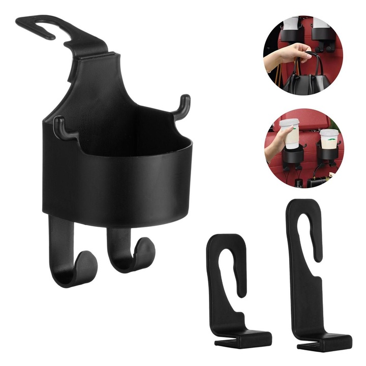 Suport auto pahare, negru, suspendabil, cu 2 carlige, diametru 8cm, inaltime 14cm