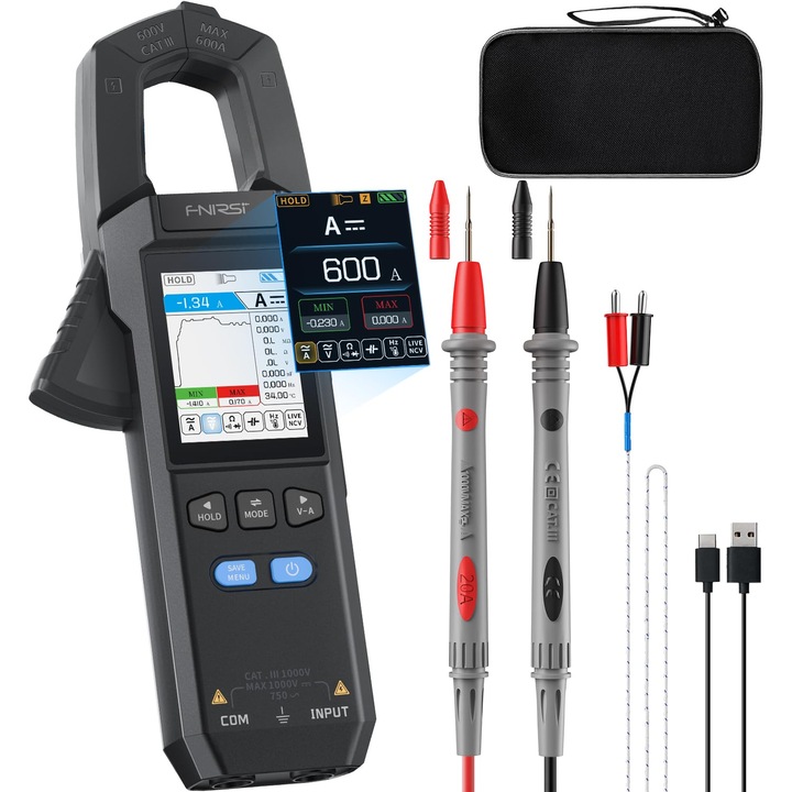 Fnirsi DMC-100 clamp metru true RMS cu 10.000 de contaje si ecran color