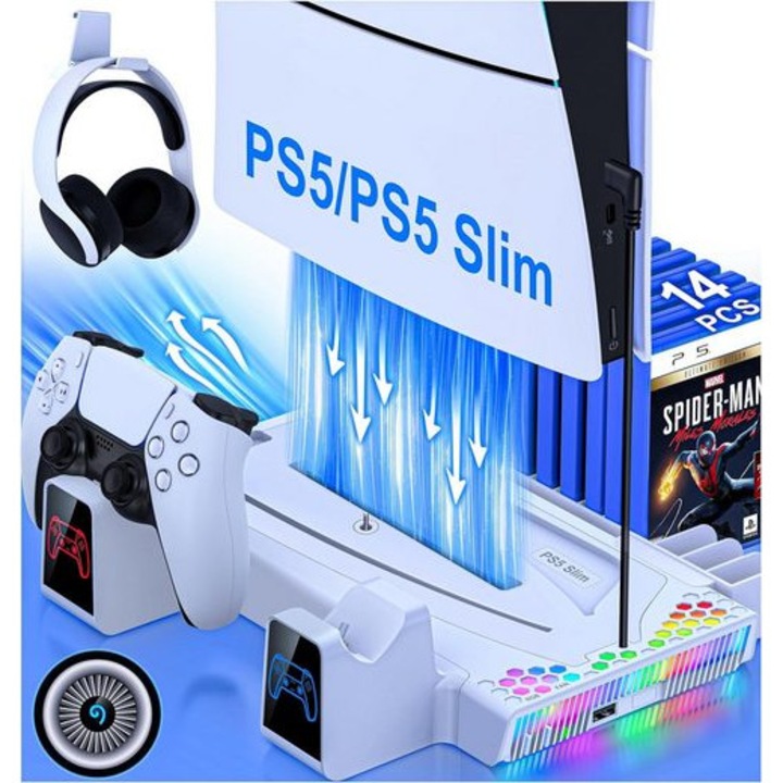 Suport PS5 Slim cu ventilator de racire si statie de incarcare pentru controlere PS5 Slim, Haiaveng