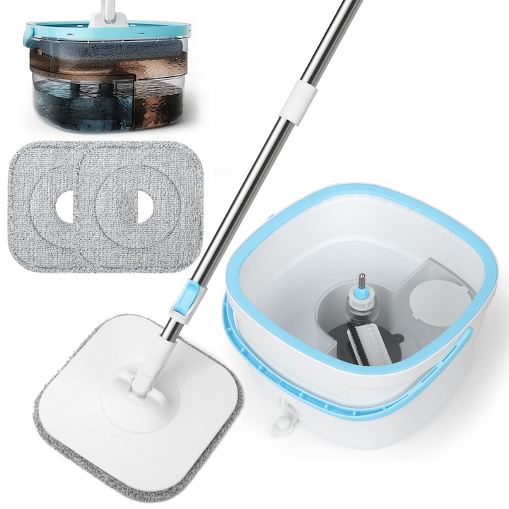 Комплект 130 см въртящ се моп, Bedee, 2.5L квадратна кофа, прибираща се, две отделения за разделяне на мръсотията от прясната вода, самопочистване, въртене на 360°, с 4 резервни глави за моп