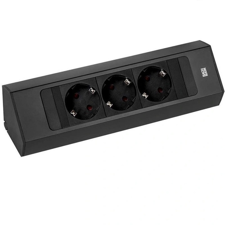 Мебелен контакт Bachmann CASIA 2, 3 Schuko контакта тип F, черен, алуминий, вертикален/хоризонтален монтаж, 2 м кабел