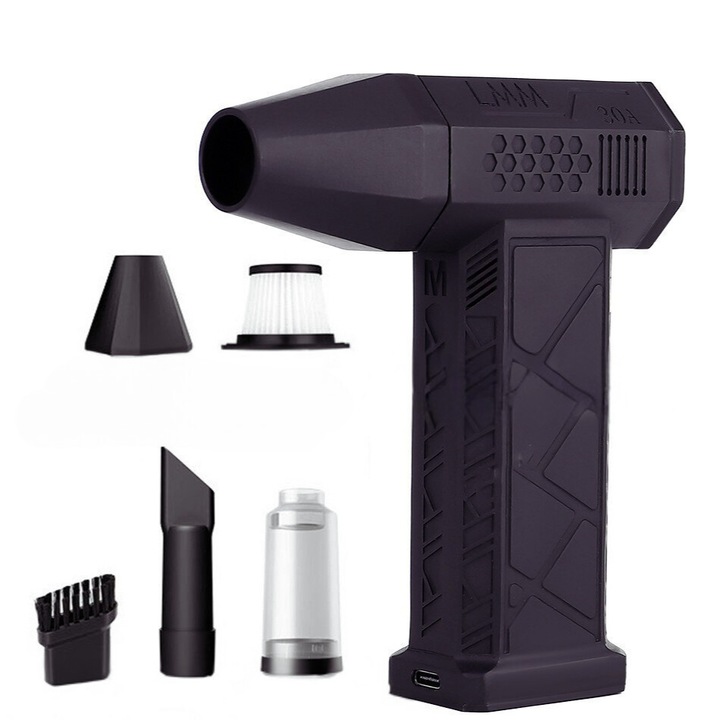 Suflanta Aer si Aspirator Fara Fir Violent Fan, 2 in 1, 200W, 130000 RPM, Baterie 8000 mAh, pentru Indepartare Praf PC, Tastatura, Telefon, Masina, Aer Conditionat, Mobila, Par de Animale, Negru