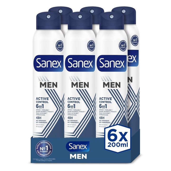 Sanex Men Active Control dezodor spray, 6 db-os készlet x 200 ml, 48 órás védelem, irritáció elleni