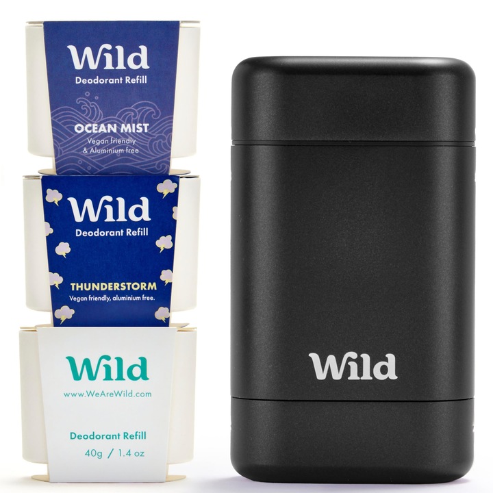 Комплект натурален дезодорант за мъже Wild, без алуминий, аромати Fresh Cotton & Sea Salt, Ocean Mist & Thunderstorm, черна кутия