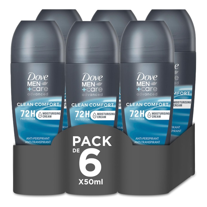 Dove Men+Care рол-он дезодорант, комплект от 6 x 50 мл, антиперспирант, без алкохол, 72-часова защита