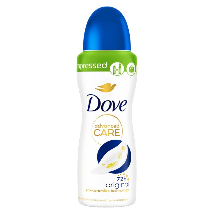 Deodorantul Spray Antiperspirant Dove Advanced Care Original Compressed Protejeaza Impotriva Mirosurilor Neplacute Si A Umezelii De La Subrat Timp De 72 De Ore Cu Tehnologia Skin Hydration 100 Ml