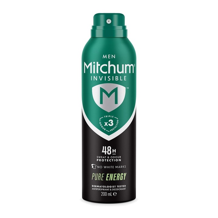 Deodorant Si Antiperspirant Mitchum Invisible Men Cu Protectie 48Hr, Aerosol, Fara Pete Albe, Fara Alcool, Energie Pura, 200 Ml