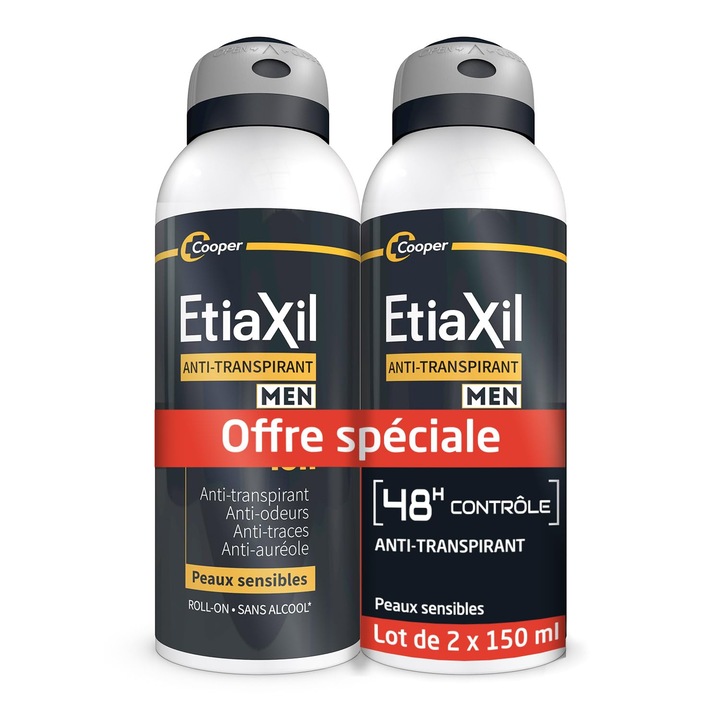 Дезодорант против изпотяване Etiaxil – За мъже – Умерено изпотяване – Подмишници – 48-часов контрол – Аерозол – 150 мл – 2 броя